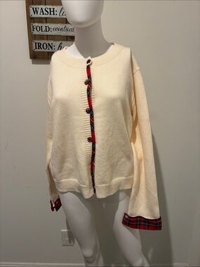 entro Cream Knit Cardigan with Red Plaid Trim